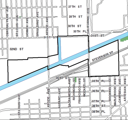 Sanitary and Ship Canal TIF district, roughly bounded on the north by 31st Street, 35th Street on the south, Campbell Avenue on the east, and Central Park Avenue on the west.